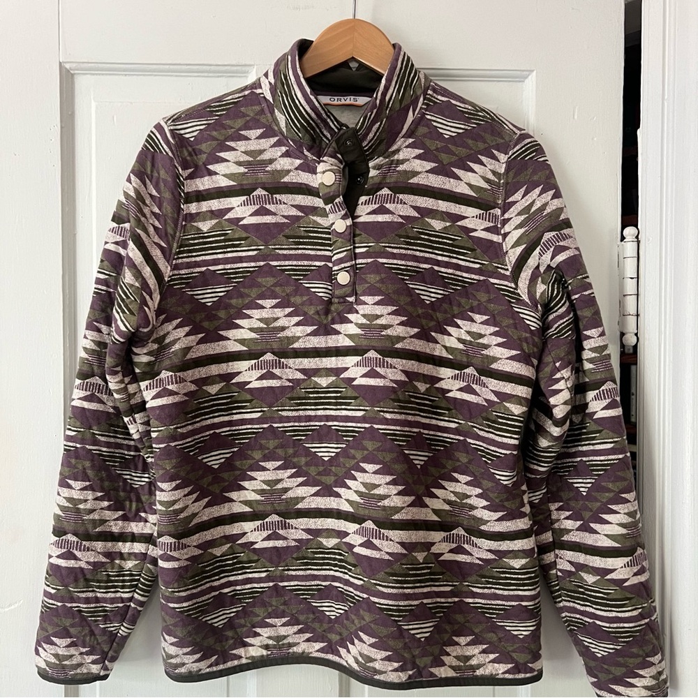 ORVIS Quilted Southwestern Print Pullover Snap Jacket Size Medium